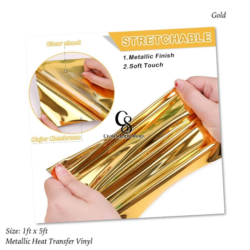 Metallic Gold HTV Vinyl Iron On Soft PU (3) Heat Transfer Vinyl Iron On Vinyl Metallic HTV 12" x 5FT Chrome Gold HTV Vinyl for T-Shirt Garment Fabric Clothing