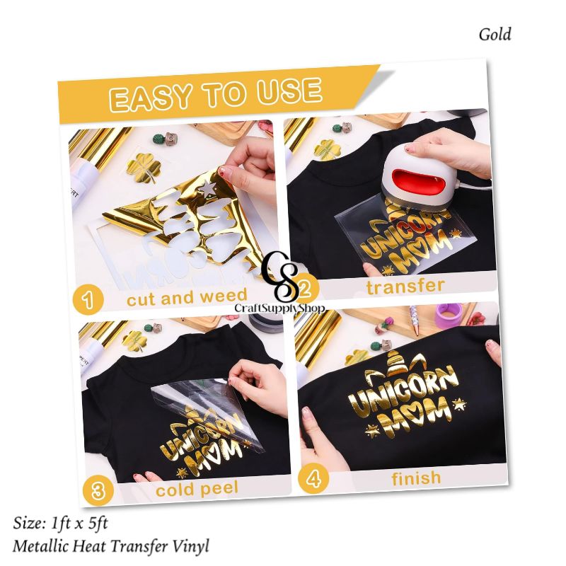 Metallic Gold HTV Vinyl Iron On Soft PU (4) Heat Transfer Vinyl Iron On Vinyl Metallic HTV 12" x 5FT Chrome Gold HTV Vinyl for T-Shirt Garment Fabric Clothing