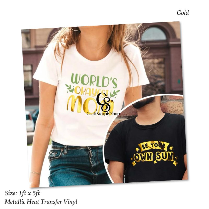 Metallic Gold HTV Vinyl Iron On Soft PU (5) Heat Transfer Vinyl Iron On Vinyl Metallic HTV 12" x 5FT Chrome Gold HTV Vinyl for T-Shirt Garment Fabric Clothing