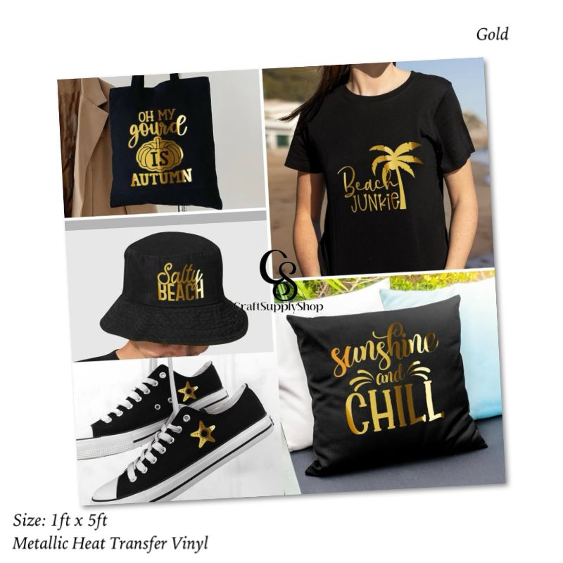 Metallic Gold HTV Vinyl Iron On Soft PU (7) Heat Transfer Vinyl Iron On Vinyl Metallic HTV 12" x 5FT Chrome Gold HTV Vinyl for T-Shirt Garment Fabric Clothing