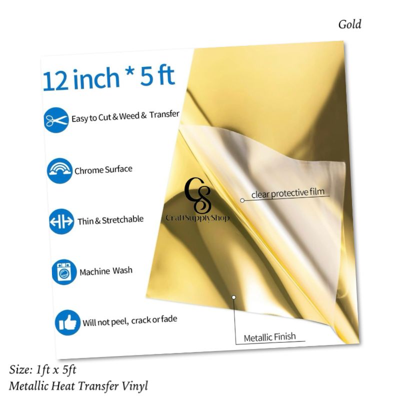 Metallic Gold HTV Vinyl Iron On Soft PU (8) Heat Transfer Vinyl Iron On Vinyl Metallic HTV 12" x 5FT Chrome Gold HTV Vinyl for T-Shirt Garment Fabric Clothing