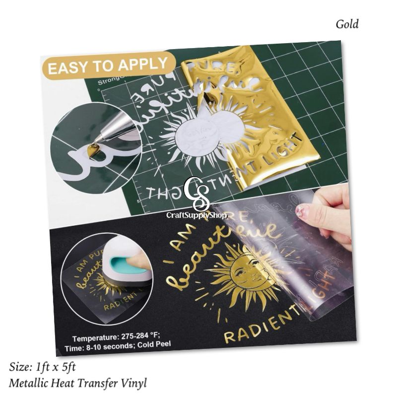 Metallic Gold HTV Vinyl Iron On Soft PU (9) Heat Transfer Vinyl Iron On Vinyl Metallic HTV 12" x 5FT Chrome Gold HTV Vinyl for T-Shirt Garment Fabric Clothing
