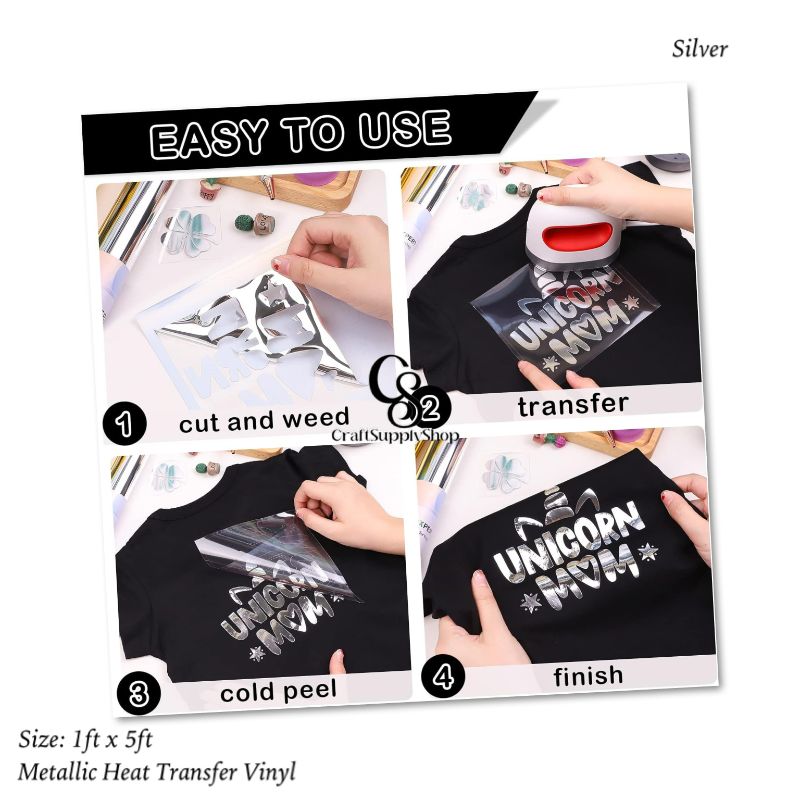 Metallic Silver HTV Vinyl Iron On Soft PU (1) Heat Transfer Vinyl Iron On Vinyl Metallic HTV 12" x 5FT Chrome Gold HTV Vinyl for T-Shirt Garment Fabric Clothing