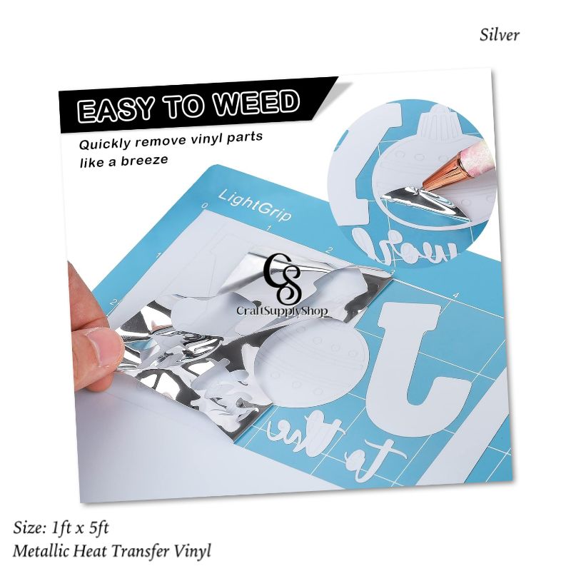 Metallic Silver HTV Vinyl Iron On Soft PU (5) Heat Transfer Vinyl Iron On Vinyl Metallic HTV 12" x 5FT Chrome Gold HTV Vinyl for T-Shirt Garment Fabric Clothing