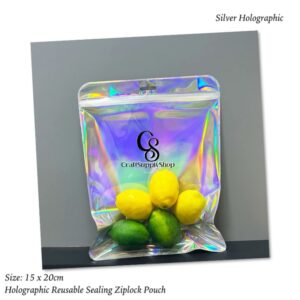 Smell Proof Silver Holographic Mylar Bags Resealable Odor Proof Bags Holographic Packaging Pouch Bag with Clear Window for Food Storage Eyelash Jewelry Candy Electronics Storage