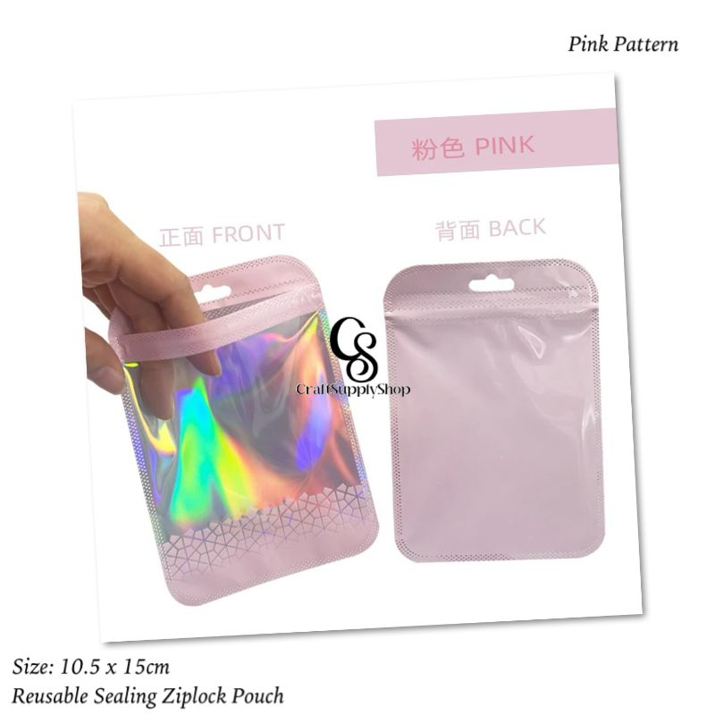 10.5cm x 15cm Patterned Pink Ziplock Pouch 10.5cm x 15cm Patterned Reusable Ziplock Pouch Resealable Odor Proof Bags Holographic Packaging Pouch Bag with Clear Window for Food Storage Eyelash Jewelry Candy Electronics Storage