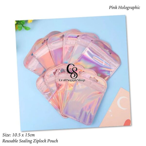 Pink Holographic Ziplock Bags, Reusable Foil Sample Bags for Packaging, Resealable Aluminum Mylar Bags, Clear Foil Pouches for packaging or Storage