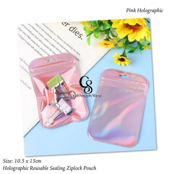 Pink Holographic Ziplock Bags, Reusable Foil Sample Bags for Packaging, Resealable Aluminum Mylar Bags, Clear Foil Pouches for packaging or Storage