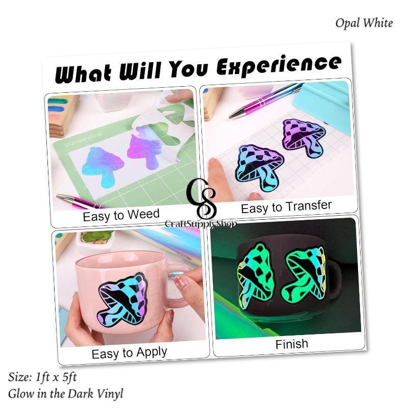 Opal White Glow in the Dark Permanent Adhesive Vinyl (6) Glow in The Dark Permanent Adhesive Vinyl Holographic Iridescent Vinyl Opal White Glow Green for Wrap,Stickers,Decal,Lettering,12"x5ft