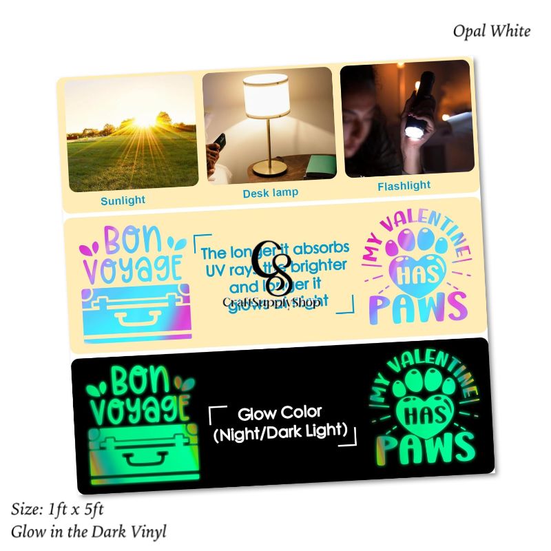 Opal White Glow in the Dark Permanent Adhesive Vinyl (8) Glow in The Dark Permanent Adhesive Vinyl Holographic Iridescent Vinyl Opal White Glow Green for Wrap,Stickers,Decal,Lettering,12"x5ft