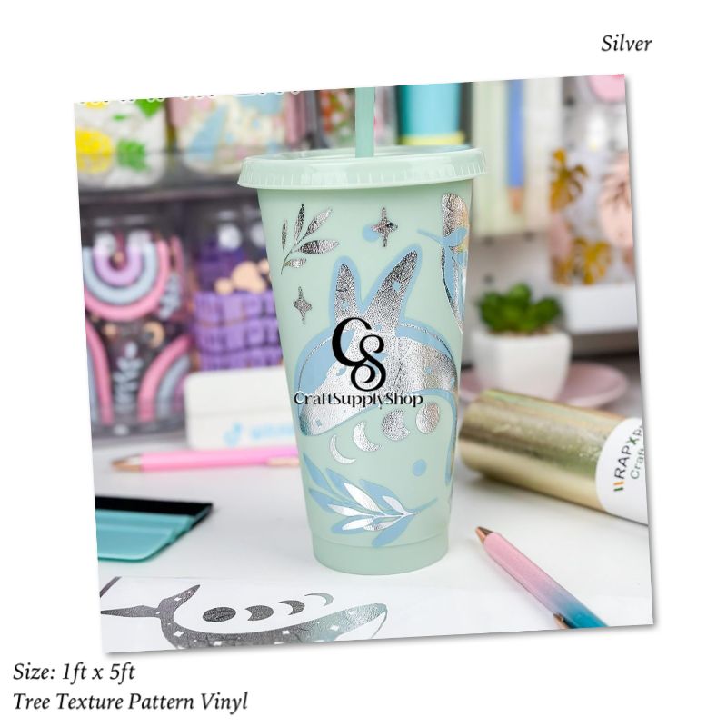 Texture Vinyl - Tree pattern SILVER (1) Silver Tree Texture Adhesive Vinyl Roll 12" x5ft Permanent Craft Vinyl for cricut, Metallic foil Vinyl Sticker for Crafts Vinyl Cutter, for Cup Decor, Home Decor