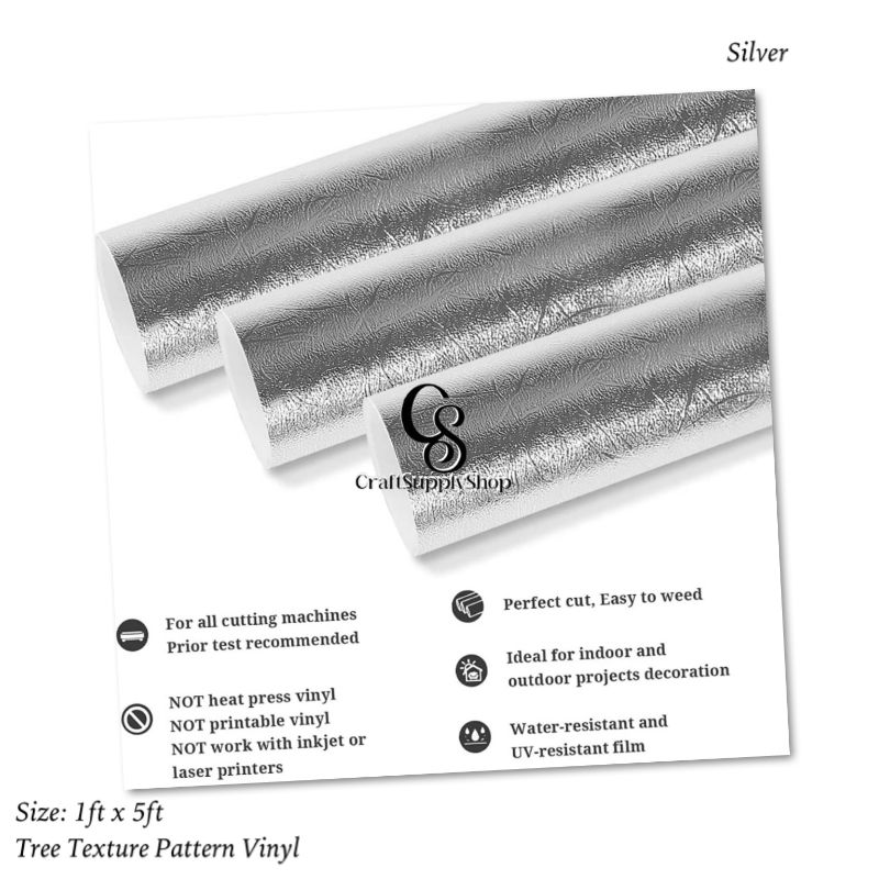 Texture Vinyl - Tree pattern SILVER (3) Silver Tree Texture Adhesive Vinyl Roll 12" x5ft Permanent Craft Vinyl for cricut, Metallic foil Vinyl Sticker for Crafts Vinyl Cutter, for Cup Decor, Home Decor