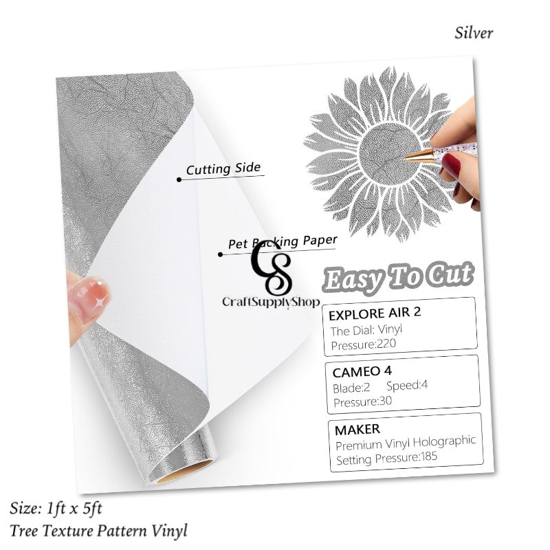 Texture Vinyl - Tree pattern SILVER (7) Silver Tree Texture Adhesive Vinyl Roll 12" x5ft Permanent Craft Vinyl for cricut, Metallic foil Vinyl Sticker for Crafts Vinyl Cutter, for Cup Decor, Home Decor