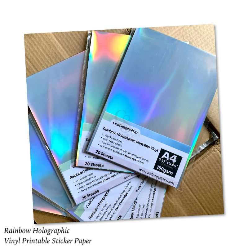 20 Sheets CraftSupplyShop Holographic Sticker Paper A4 Printable Waterproof Sticker Paper Rainbow Vinyl Sticker Paper for Inkjet or Laser Printer (12) Holographic Rainbow Printable Vinyl Sticker Paper Waterproof Sticker Paper For Inkjet/Laser Printer