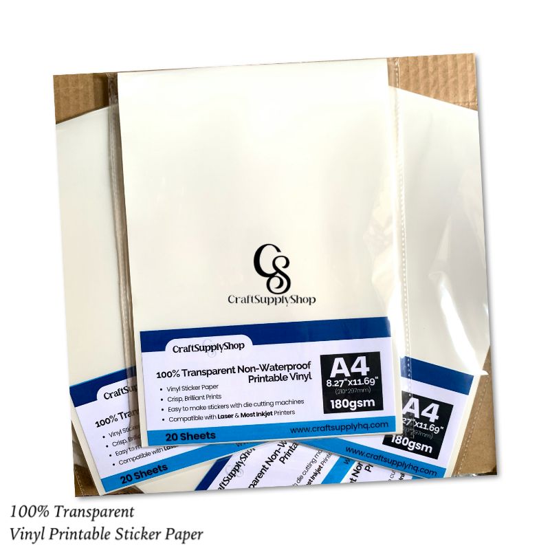 Printable Clear 100% Transparent Sticker Paper for Inkjet and Laser Printer A4 in Non Waterproof Transparent Label Paper for Make Custom Stickers, Decals (3) 100% Clear Sticker Paper for Inkjet and laser Printer (20 Sheets) - Transparent Glossy 8.27 x 11.7 - Printable Vinyl - Clear Sticker Paper - Clear Vinyl Sticker Paper - Clear Sticker Printer Paper