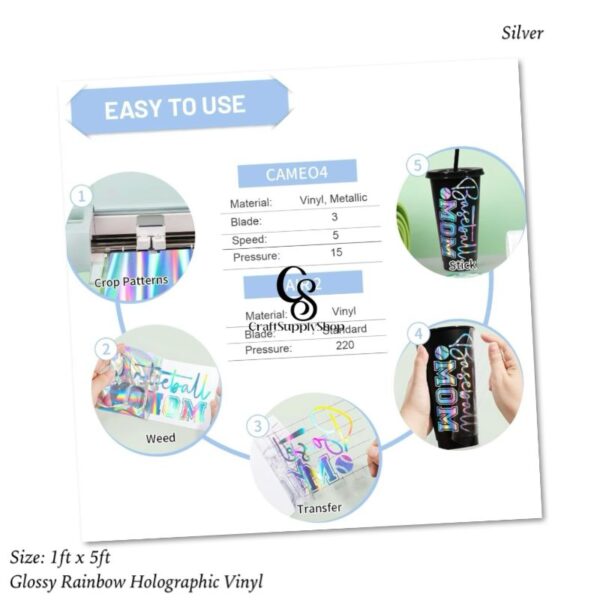 SILVER Glossy Rainbow Holographic Chrome Vinyl Bubble Free Rainbow Holographic Adhesive Craft Vinyl