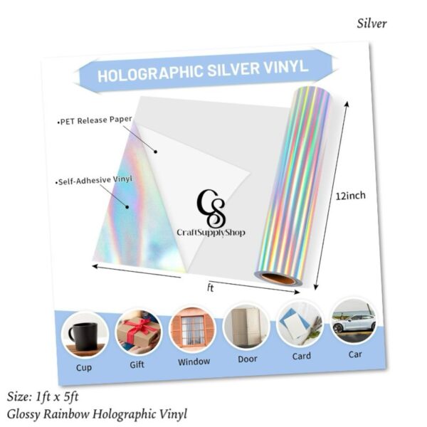 SILVER Glossy Rainbow Holographic Chrome Vinyl Bubble Free Rainbow Holographic Adhesive Craft Vinyl