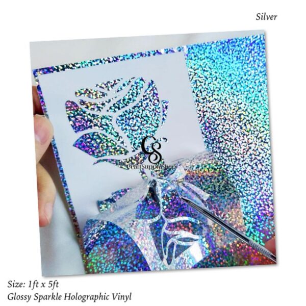 SPARKLE Glossy SILVER Rainbow Holographic Chrome Vinyl Bubble Free Rainbow GLITTER Holographic Adhesive Craft Vinyl