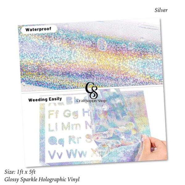 SPARKLE Glossy SILVER Rainbow Holographic Chrome Vinyl Bubble Free Rainbow GLITTER Holographic Adhesive Craft Vinyl