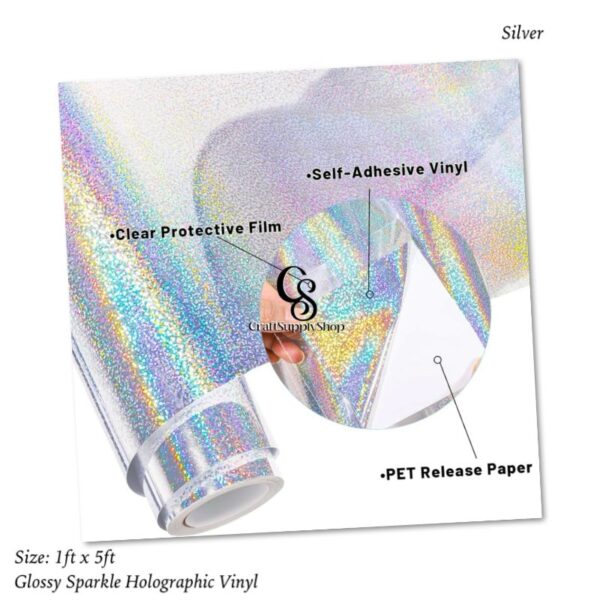 SPARKLE Glossy SILVER Rainbow Holographic Chrome Vinyl Bubble Free Rainbow GLITTER Holographic Adhesive Craft Vinyl