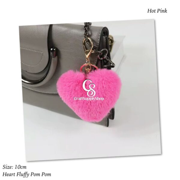 Hot Pink Women's Heart Shape Faux Fur Pom Pom Key Chains Bag Accessory Puffball Keyring Backpack Charms for Girls