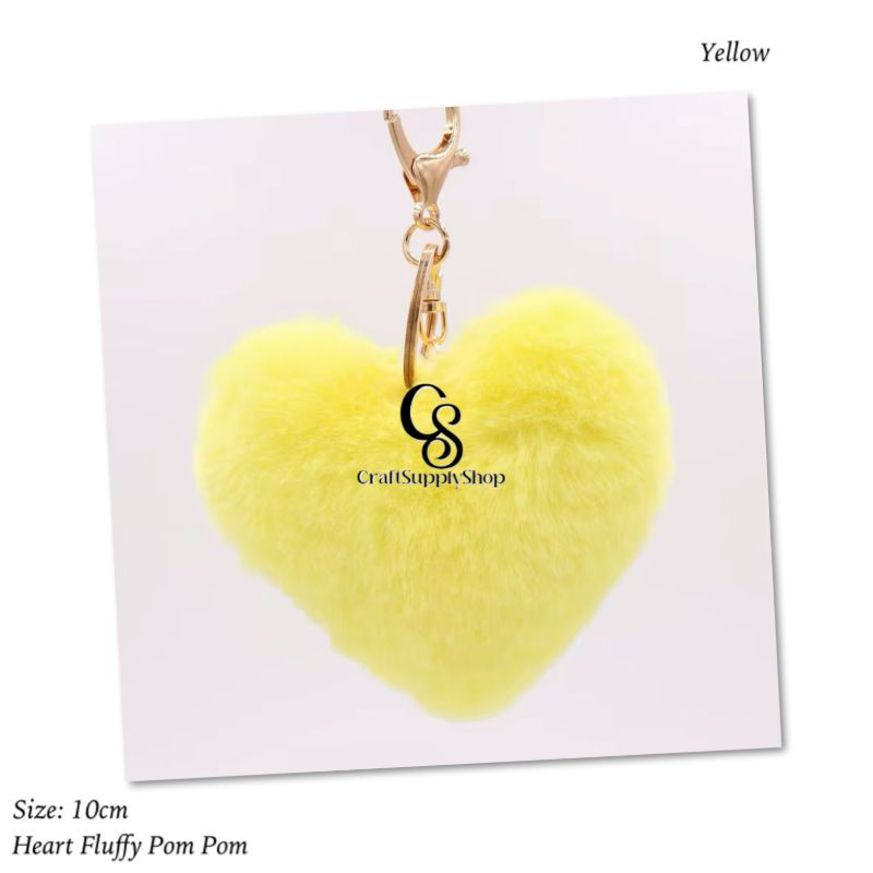 Yellow Women's Heart Shape Faux Fur Pom Pom Key Chains Bag Accessory Puffball Keyring Backpack Charms for Girls