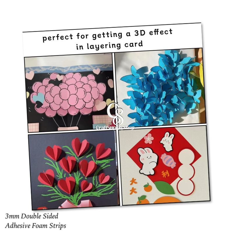 3mm Adhesive EVA Foam Strips Double Sided Foam Tape, 3D Foam Strips with Adhesive Mount for Shaker Cards Scrapbooking (6) CraftSupplyShop Foam Sticky Strips Double Sided Dual-Adhesive 3D Foam Tapes Pop Strips Adhesive Mount for Shaker Card Scrapbooking Toppers