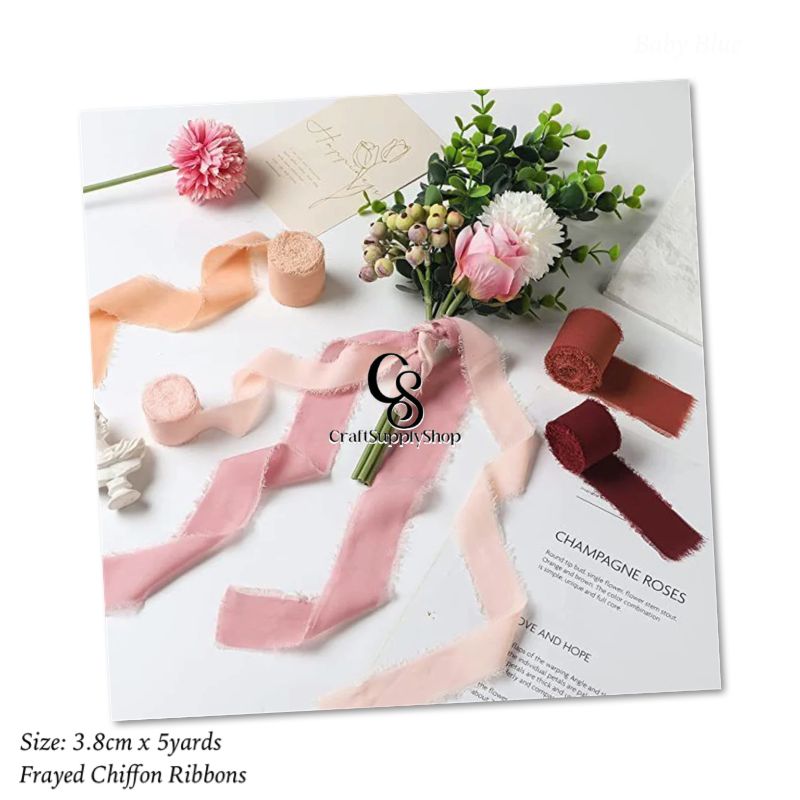 Frayed Chiffon Ribbon for Craft, Cotton Silk Satin Ribbons 1/2-1/4 Inch x 5 Yard Handmade Fabric Strips with Wooden Spool for Fall Wedding Gift Wrapping