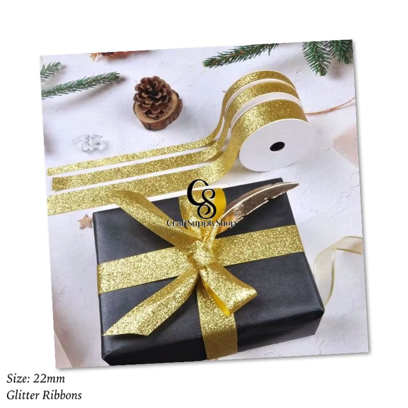Craftsupplyshop Christmas Sparkle Craft Gift Printed Glitter Satin Ribbon for Party Decor