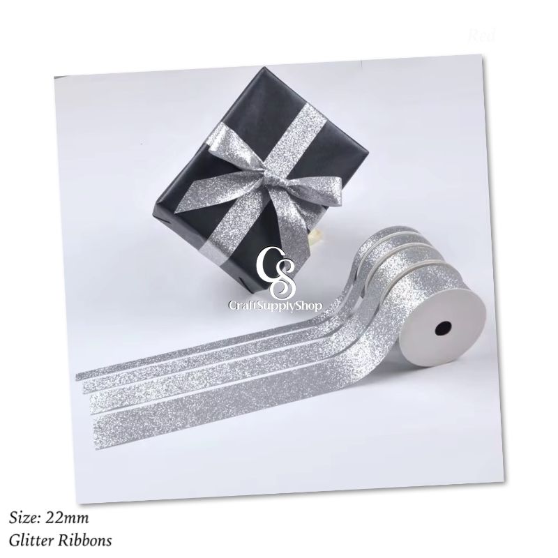 Craftsupplyshop Christmas Sparkle Craft Gift Printed Glitter Satin Ribbon for Party Decor