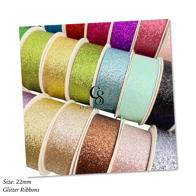 Craftsupplyshop Christmas Sparkle Craft Gift Printed Glitter Satin Ribbon for Party Decor
