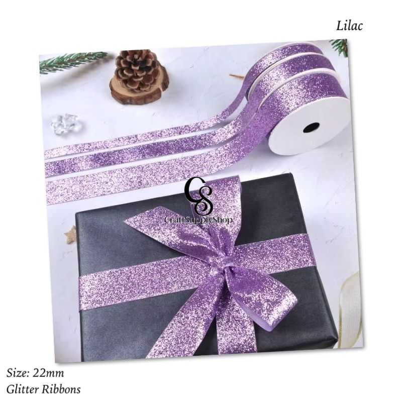 Craftsupplyshop Christmas Sparkle Craft Gift Printed Glitter Satin Ribbon for Party Decor