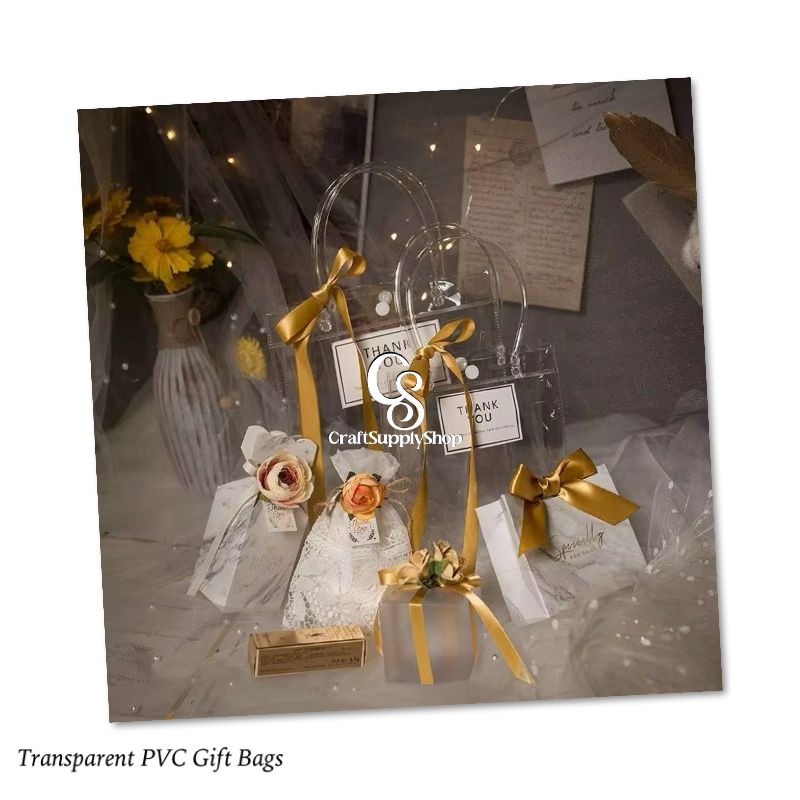 Gift for Her/Him 64 Transparent Gift Bags with Handles, Measuring 20*20*8Cm, Made of Plastic, Reusable Clear PVC Bags for Holiday Party Gifts